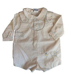 Petit Ami Romper Pastel Yellow with Light Blue Trim 2 Piece Vintage Set Elephant
